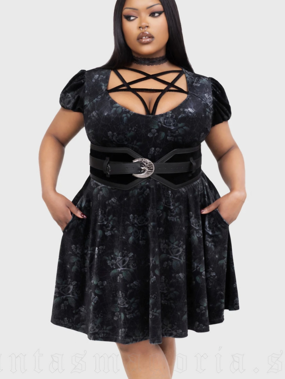 Killstar Black Spiderweb Floral Velvet Mini Dress Strappy Pentagram Neckline